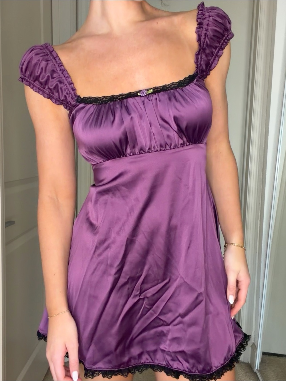 Satin Purple Lace-Trim Mini Dress